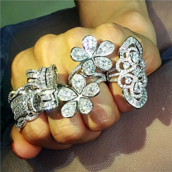 

big flower 925 sterling silver ring oval aaaaa cz stone luxury engagement wedding band rings for women bridal statement jewelry, Slivery;golden