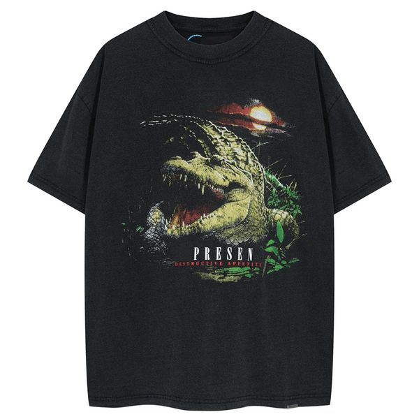 

23ss europe uk crocodile print t shirt high street tee vintage spring summer short sleeve skateboard men women tshirt, Black;brown