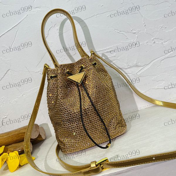 

designer ladies mini bucket bag full of diamond crystal bag pull out enameled triangle buckle shoulder bag belt crossbody bags makeup case p