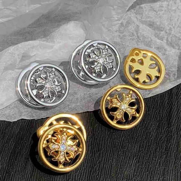

ch earrings double layered circular chromes cross in front and back, elegant earrings, niche design, high-end8, Golden
