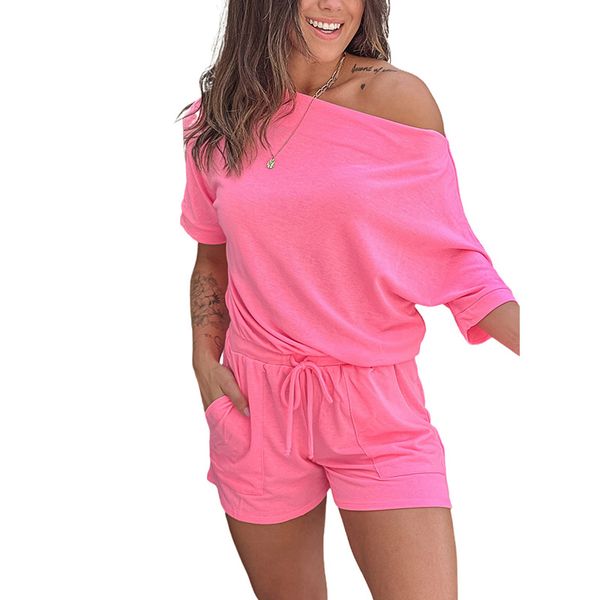 

asymmetrical short sleeves drawstring rompers women jumpsuit, White
