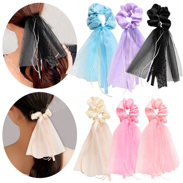 

hairband for women spring and summer light color female hair scrunchies satin fabric cute streamer hair band elastic accessories, Slivery;white