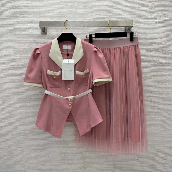 

23ss skirt set women designer clothes fashion contrast color small polo neck bubble sleeve coat pleated mesh half skirt set women clothes, White
