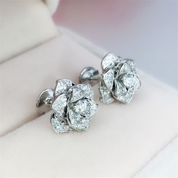 

elegant flower real 925 sterling silver earrring pave aaaaa cz engagement wedding stud earrings for women bridal party jewelry, Golden