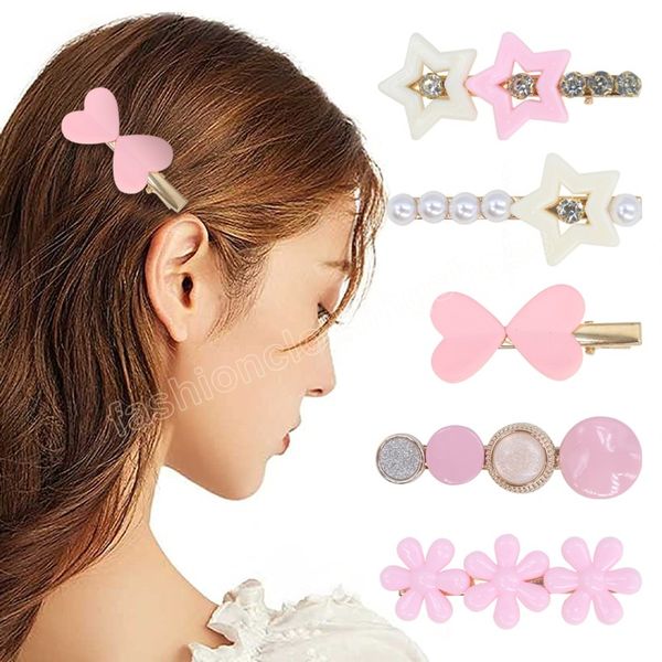 

5pcs/card barrettes pink color sweet heart flower design hair clip for female girl hair accessories, Slivery;white