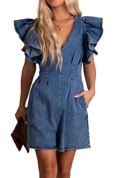

blue ruffle pleated denim romper woman with pockets, Black;white