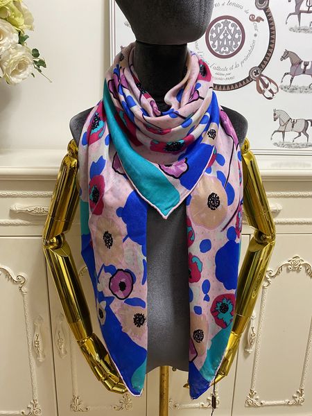 

women's square scarf scarves shawl silk wool material blue pint flowers pattern size 130cm - 130cm, Blue;gray