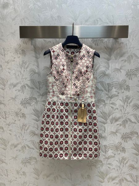 

2023 luxury brand print pattern zip up dress summer a-line casual lady dresses fashion o-neck sleeveless high waist dress, Black;gray