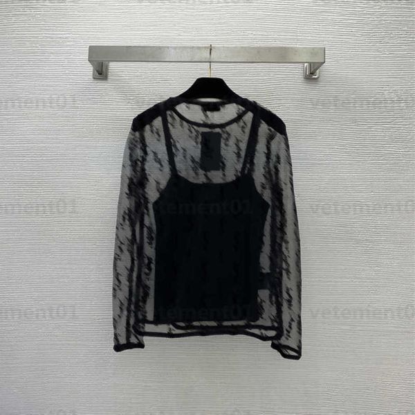 

summer two piece sets womens designer fashion mesh see-through flocked letters logo round neck long-sleeved stacked bottoming shirt set 06, White