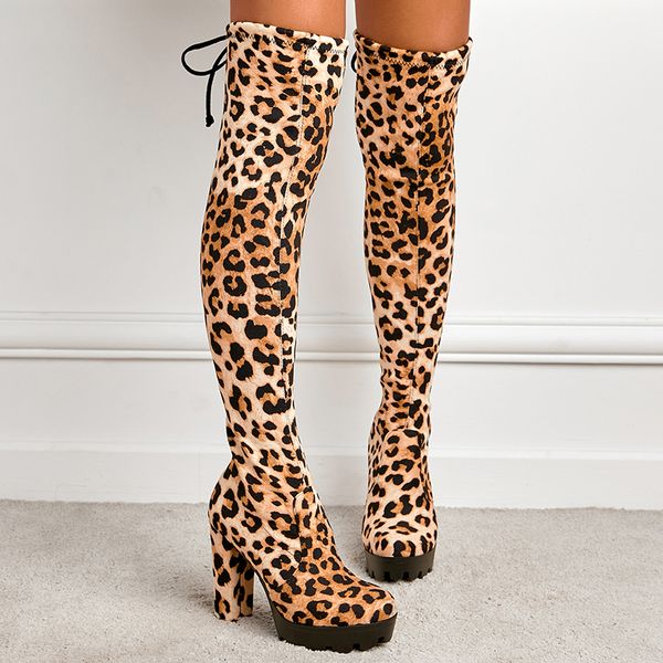 

2022 spring womens boots round toe waterproof platform leopard print non-slip high heel over the knee high boots, Black