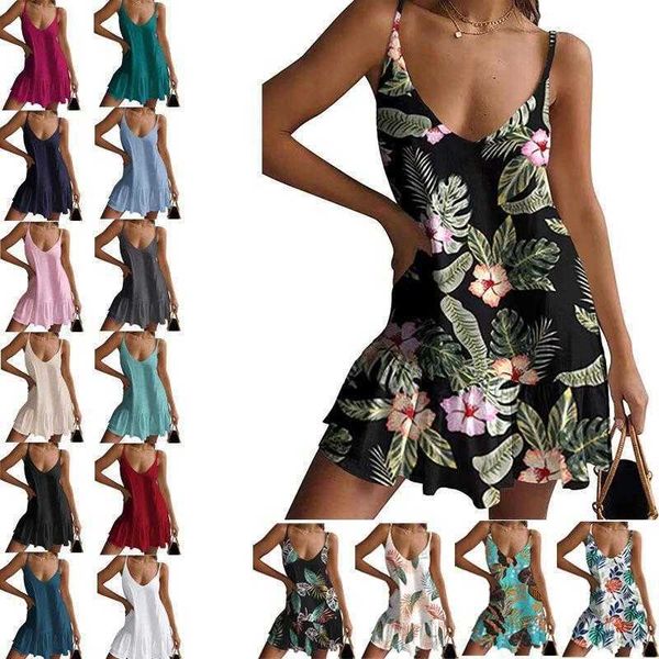 

summer womens clothing casual dresses loose print v neck strap kami beach dress, Black;gray