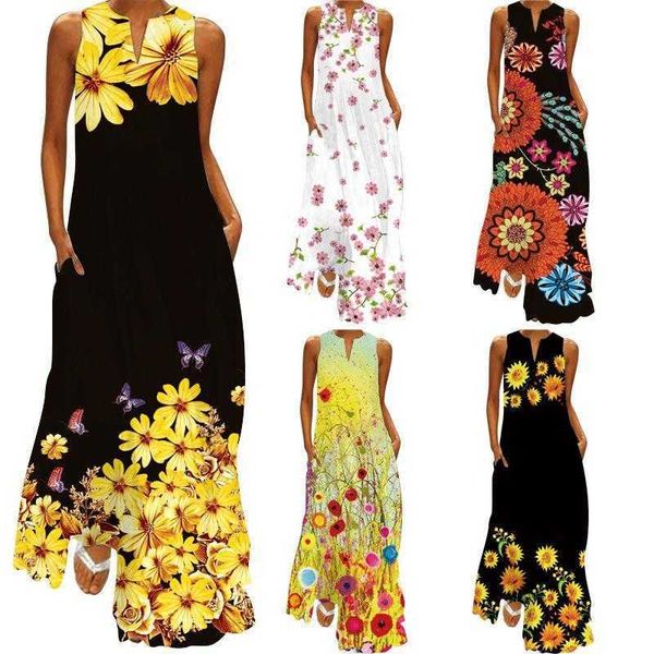 

summer casual dresses womens clothes sleeveless v neck vintage printed dress long clothing, Black;gray