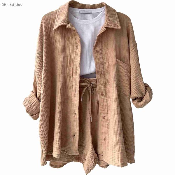 

2023 wrinkle collar long sleeve shirt high waist drawstring shorts fashion casual piece set 51, White