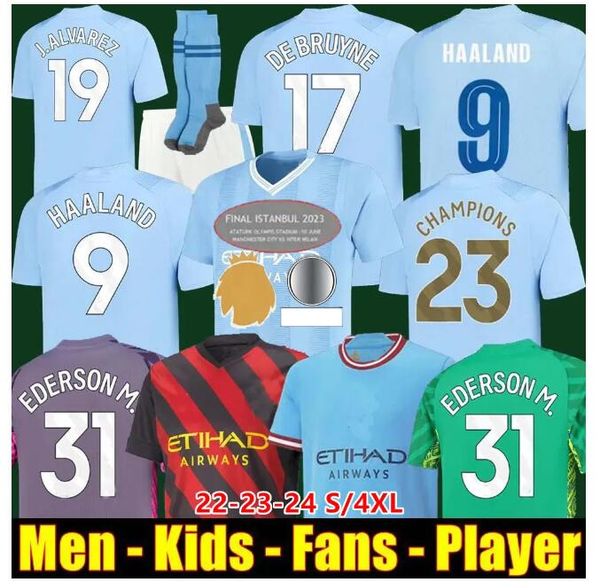 

haaland soccer jerseys mans cities kits grealish bernardo mahrez erling 23 24 jersey de bruyne foden rodrigo goalkeeper kit kids football sh, Black