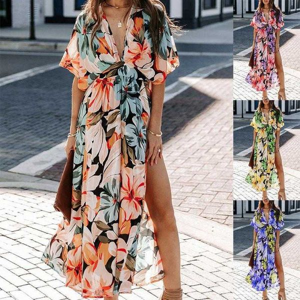

summer dresses v neck short sleeve printed waist controlled dress womens streetwear, Black;gray