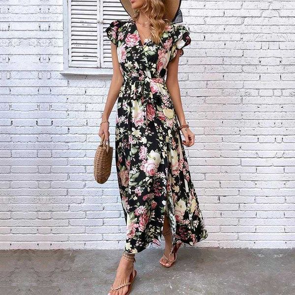 

womens summer vacation mid dresses length split floral polyester dress, Black;gray