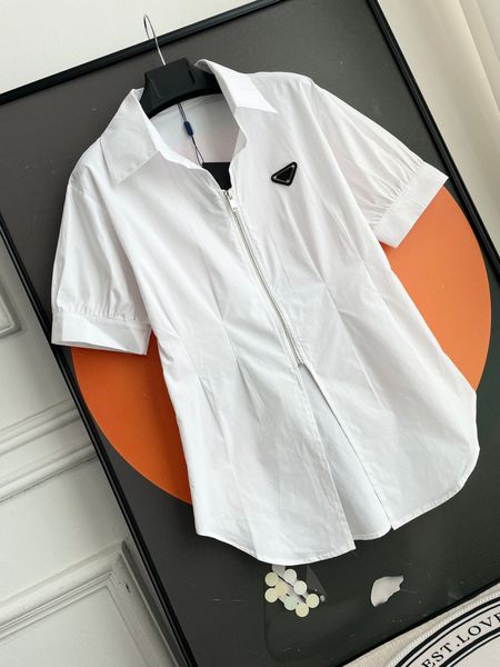 

new 2023 summer women's blouses fashion turn down collar elegant zip up shirts for women casual short sleeve casual, White