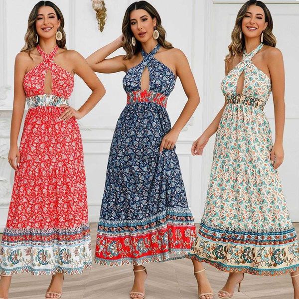 

crossover casual dresses lace up halterneck skirt summer womens clothing bohemian vintage floral dress, Black;gray
