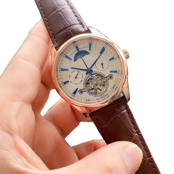 

men watches mechanical automatic movement luxury mens leather wristwatches flywheel moon phase day date all sub-dials work brand watch fathe, Slivery;brown