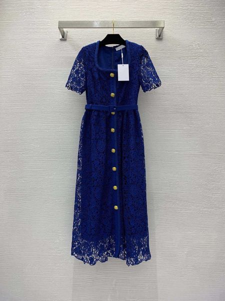 

23ss summer dresses women dress women designer clothes lace hook cut out fabric woven fried dough twists edge waist slim short sleeve dress, Black;gray