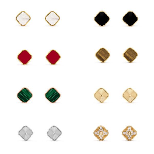 

vintage fashion 4/four leaf clover charm stud earrings back mother-of-pearl silver 18k gold plated agate for women&girls valentine's mo, Golden;silver