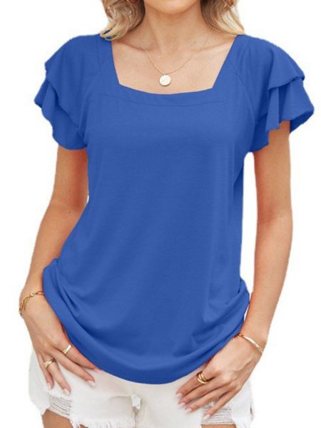

women ruffle short sleeve square neck t-shirt for summer, White