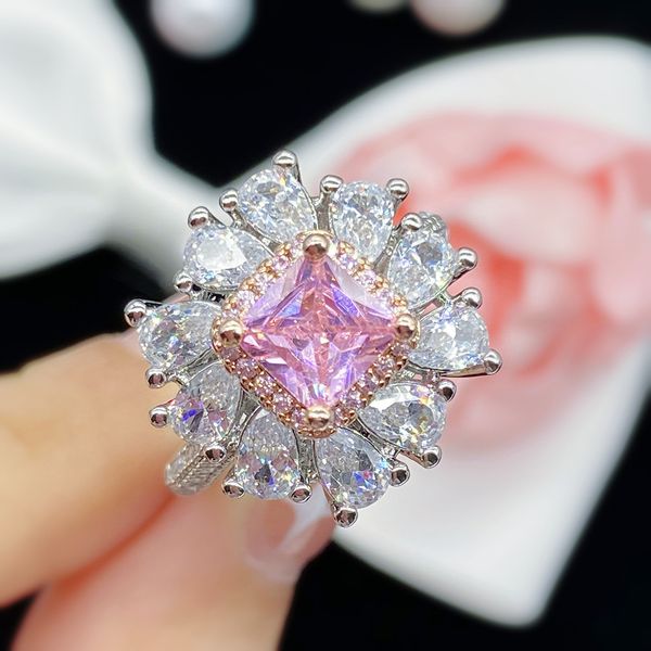 

flower pink zircon finger ring silver color party wedding band rings for women bridal promise engagement jewelry, Slivery;golden