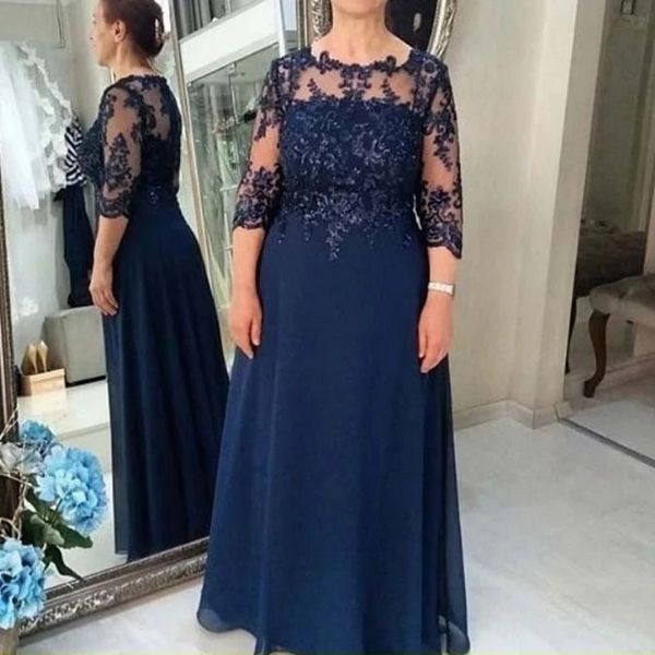 

navy-blue mother of the bride dresses 2023 a-line 3/4 sleeves chiffon lace appliques beaded groom evening party gown for wedding plus size, Black;red