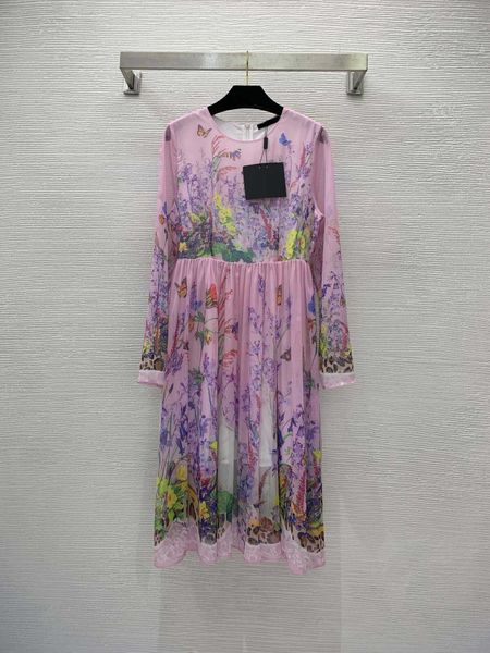 

23ss summer dresses women dress women designer clothes silk blended fabric butterfly flower print sweet waist slim long sleeve dress women c, Black;gray