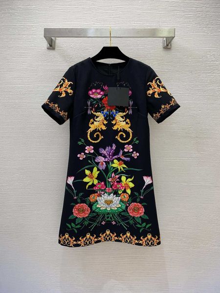 

23ss summer dresses women dress women designer clothes flower lotus pattern front heavy duty diamond studded bead a-line short sleeve dress, Black;gray