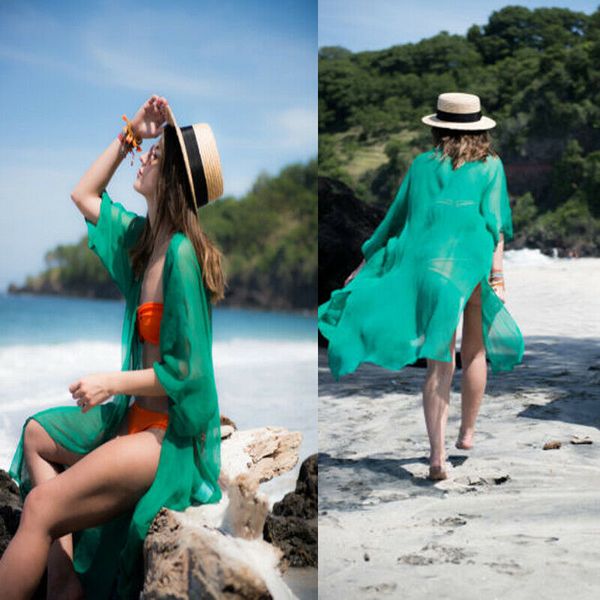 

fashion women chiffon beach cover up holidays kimono split cardigans see through cardigans casual loose swimwear, White