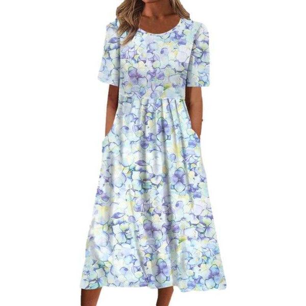 

summer womens casual dress round neck pocket short sleeved printed for women, Black;gray