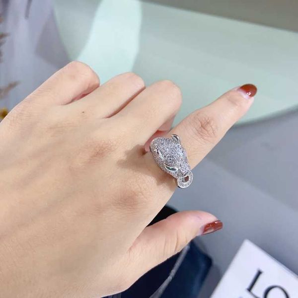 

high version card full diamond leopard head s925 silver zircon ring fashion and foreign style, Golden;silver