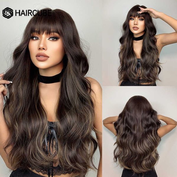 

lace wigs haircube brown highlight synthetic wigs long water wavy wigs for women with bangs daily cosplay heat resistant natural hair wigs z, Black;brown