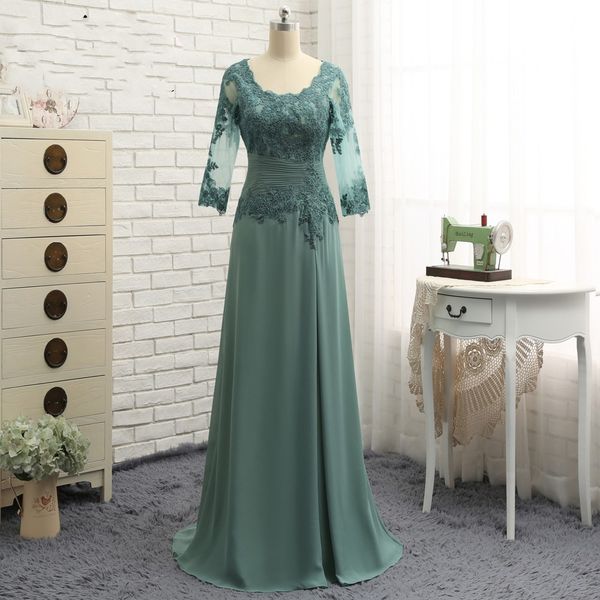 

a-line mother of the bride dress 2023 elegant scoop floor length lace 3/4 sleeves pleats appliques wedding party gowns vestido mae da noiva, Black;red