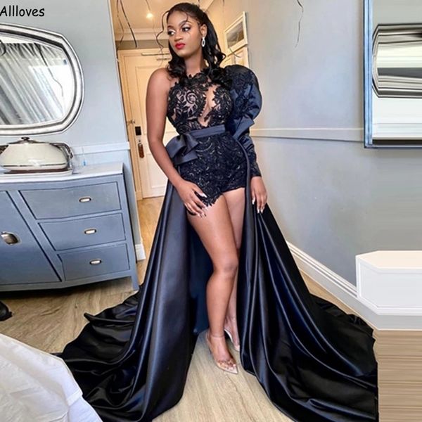 

dark navy lace short mini evening dresses with detachable train elegant satin long sleeves african girls party formal gowns one shoulder coc, Black;red