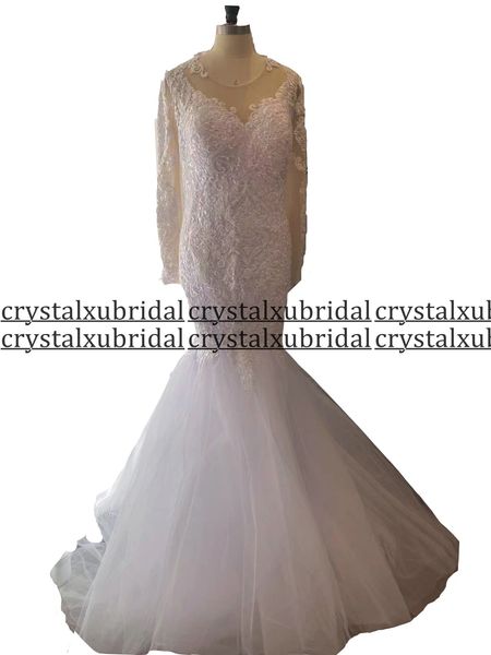 

2023 mermaid wedding dresses african jewel neck lace appliques crystal beads long sleeves illusion vestidos de novia bridal gowns real image, White