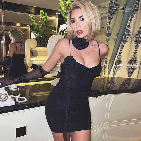

summer womens clothes slim dress fit radian v neck stitching mesh edge elegant flowers suspender, Black;gray