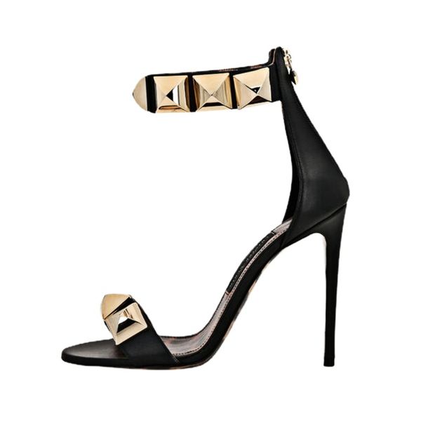 

2023summer brand new rivet design sandals women fashion western style leopard mixed color high heels banquet dress shoes size 43, Black