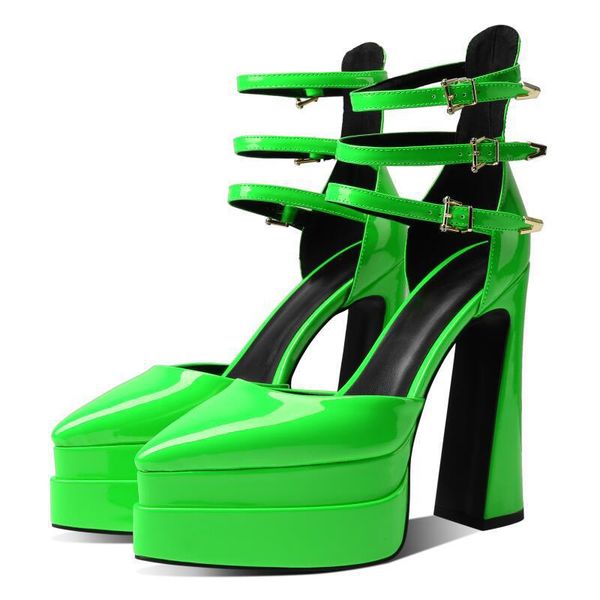 

2023 summer brand new double platform sandals woman fashion gold v button point toe shoes luxury designer elegant heels size 43, Black