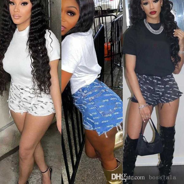 

denim shorts summen women trend letter printed short jeans pants straight barrel high waist versatile clothing, White;black