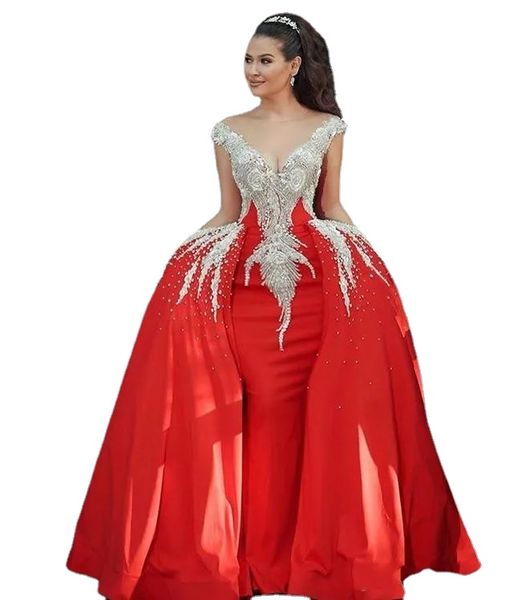 

sparkly red mermaid prom dresses with detachable train crystal beads formal evening dress party gowns robe de soiree abendkleider, Black;red