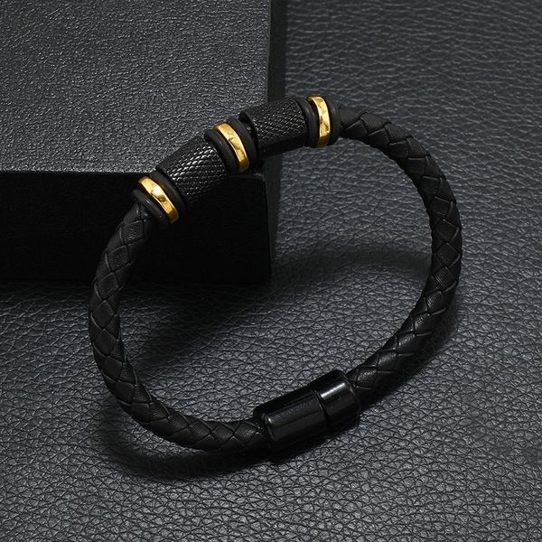 

popular men style black leather bracelet bangle for gift, Golden;silver