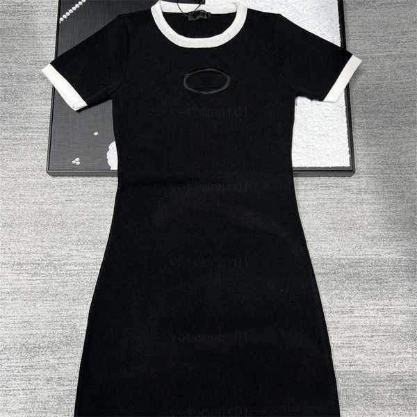 

summer designers dresses for women letter cutout design knitted round neck panel short sleeve  girls hanging-out black dress designe, Black;gray