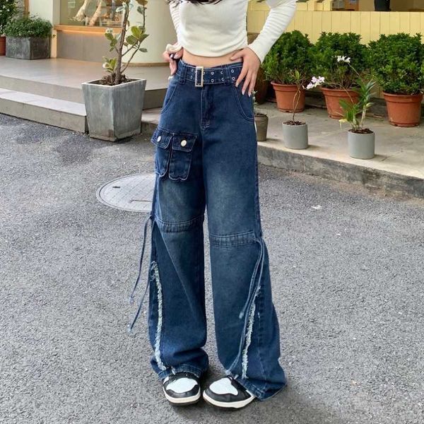 

2 colors dark / light denim y2k faded flare vintage cargo pockets distressed utility baggy wide leg pants bottoms jeans, Blue