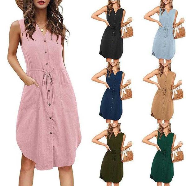 

summer casual womens sleeveless dresses v neck buttons lace up pocket dress, Black;gray