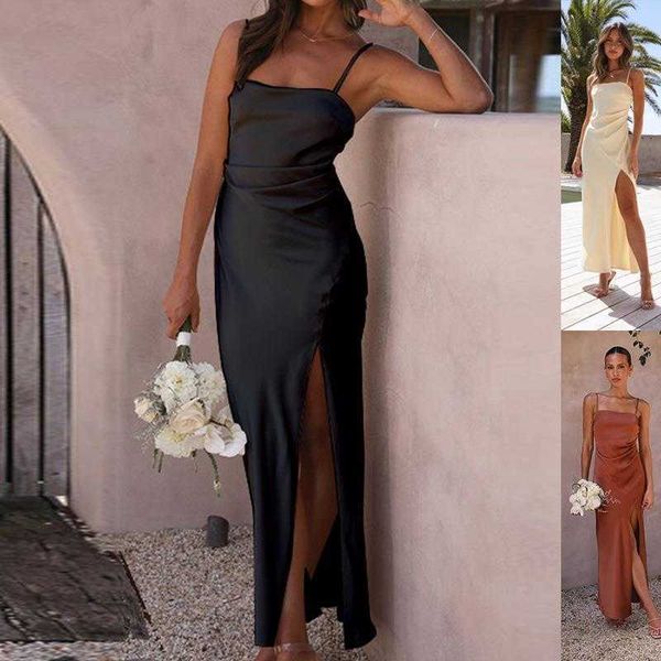 

slim fit girl sleeveless split dress summer pure color for women, Black;gray