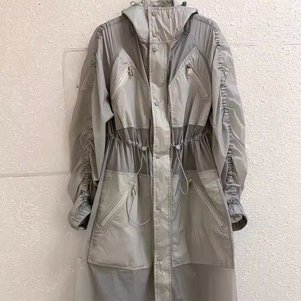 

2023 summer cool sa hooded drawstring waistband sunscreen windbreaker women's mid length thin loose relaxed, Tan;black