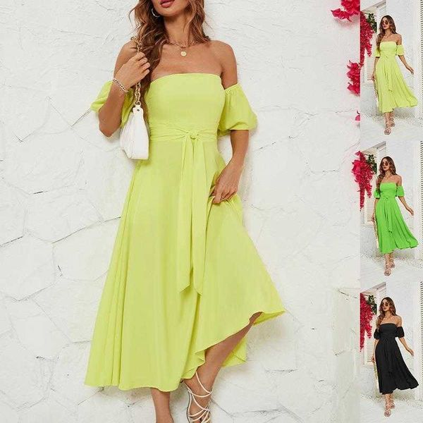 

summer dress holiday puff sleeve pure color split long for women, Black;gray