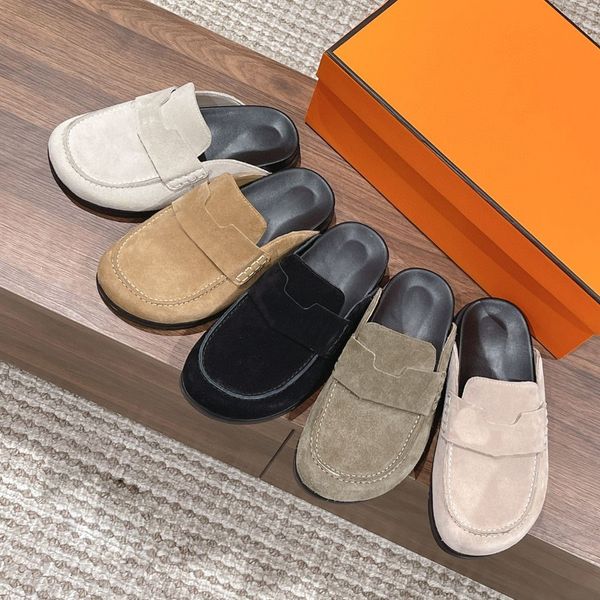 

designer h slippers bucken's women's half slippers with a thick toe and elevated sole, versatile retro leather beach slippers, Black